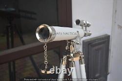 Vintage Retro Double Barrel Sailor Spyglass Telescope With Wooden Tripod Stand