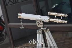 Vintage Retro Double Barrel Sailor Spyglass Telescope With Wooden Tripod Stand