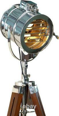 Vintage Retro Nautical Searchlight Floor Lamp Metal Spotlight Wooden Tripod Legs