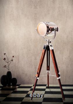 Vintage Retro Nautical Searchlight Floor Lamp Wooden Tripod Adjustable Light