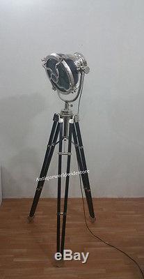 Vintage Retro Stand Theater Stage Lamp Light Aluminum Nickel Wooden Tripod