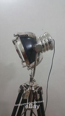 Vintage Retro Stand Theater Stage Lamp Light Aluminum Nickel Wooden Tripod