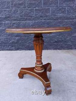 Vintage Round Neoclassical Gold Gilt Walnut Burl Side Accent Table w Tripod Base