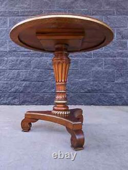 Vintage Round Neoclassical Gold Gilt Walnut Burl Side Accent Table w Tripod Base