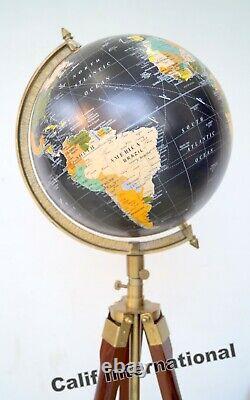 Vintage Rustic Black Brass 12 Rotating World Globe Atlas Decor Wooden Tripod