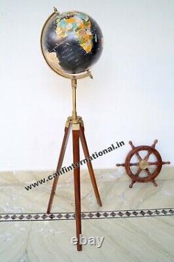 Vintage Rustic Black Brass 12 Rotating World Globe Atlas Decor Wooden Tripod