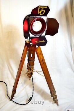 Vintage Seagrams VO Wood and Brass Tripod Stage Lamp Tabletop