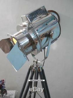 Vintage Searchlight Floor lamp W / Black Wooden Tripod Stand Floor Spot Light