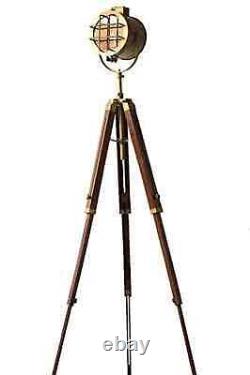 Vintage Searchlight Focus Antique Floor Lamp with Wooden Three Fold Tripod