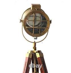 Vintage Searchlight Focus Antique Floor Lamp with Wooden Three Fold Tripod