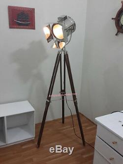 Vintage Searchlight Spot light Retro Floor Lamp With Wooden Tripod Stand