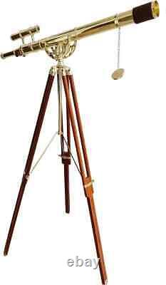 Vintage Shiny Brass Telescope With Wooden Tripod Stand Maritime Office Decor