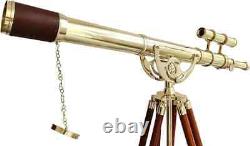 Vintage Shiny Brass Telescope With Wooden Tripod Stand Maritime Office Decor