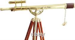 Vintage Shiny Brass Telescope With Wooden Tripod Stand Maritime Office Decor