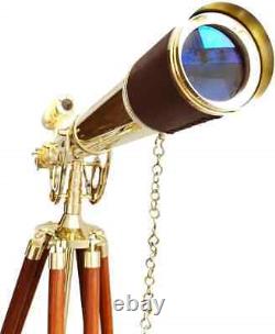 Vintage Shiny Brass Telescope With Wooden Tripod Stand Maritime Office Decor