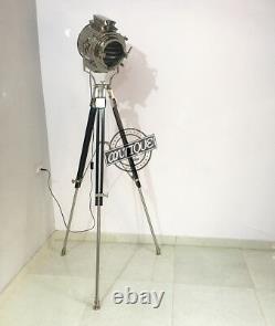 Vintage Silver Era Theatre Retro Style Floor Lamp On Stand Tripod Wooden St