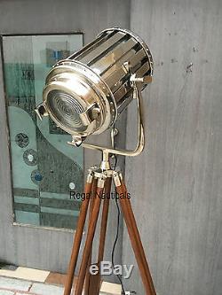 Vintage Silver Floor lamp searchlight Wooden Tripod home Decor Dim Spotlight
