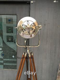 Vintage Silver Floor lamp searchlight Wooden Tripod home Decor Dim Spotlight