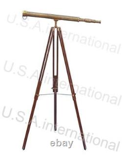 Vintage Single Barrel Brass Telescope With Brown Wooden Tripod Stand