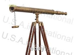 Vintage Single Barrel Brass Telescope With Brown Wooden Tripod Stand