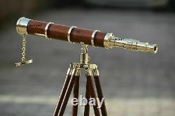 Vintage Single Barrel Wood Telescope With Wooden Tripod Stand Nautical Gift Item