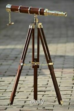 Vintage Single Barrel Wood Telescope With Wooden Tripod Stand Nautical Gift Item