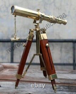 Vintage Solid Brass Telescope With Wooden Tripod Nautical Navy Ship Telescope