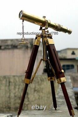 Vintage Solid Brass Telescope With Wooden Tripod Nautical Navy Ship Telescope