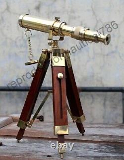 Vintage Solid Brass Telescope With Wooden Tripod Nautical Navy Ship Telescope