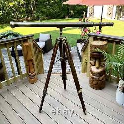 Vintage Solid Brass Telescope Wooden Adjustable Tripod Nautical 36 Halloween