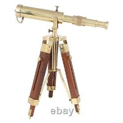 Vintage Solid Brass Telescope with Wooden Tripod Set