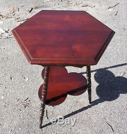 Vintage Solid Cherry Wood Tripod Hexagon 2 Tier Plant Stand Accent Table
