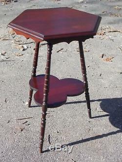 Vintage Solid Cherry Wood Tripod Hexagon 2 Tier Plant Stand Accent Table