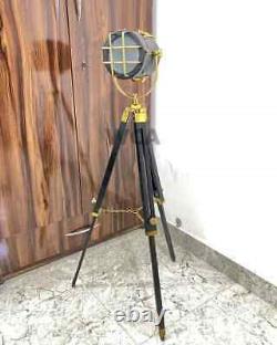 Vintage Spot Light Floor Lamp Adjustable Wooden Tripod Marine Studio Searchlig