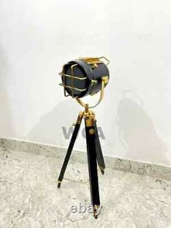 Vintage Spot Light Floor Lamp Adjustable Wooden Tripod Marine Studio Searchlig