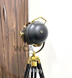 Vintage Spot Light Floor Lamp Adjustable Wooden Tripod Marine Studio Searchlig