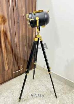 Vintage Spot Light Floor Lamp Adjustable Wooden Tripod Marine Studio Searchlig