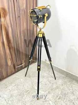 Vintage Spot Light Floor Lamp Adjustable Wooden Tripod Marine Studio Searchlig