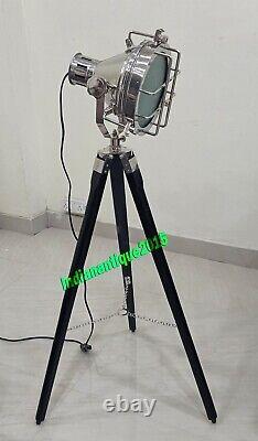 Vintage Spot Light Floor Lamp With Wooden Tripod Stand Antique Searchlight Home