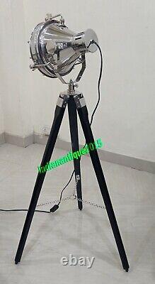 Vintage Spot Light Floor Lamp With Wooden Tripod Stand Antique Searchlight Home