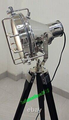 Vintage Spot Light Floor Lamp With Wooden Tripod Stand Antique Searchlight Home