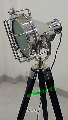 Vintage Spot Light Floor Lamp With Wooden Tripod Stand Antique Searchlight Home