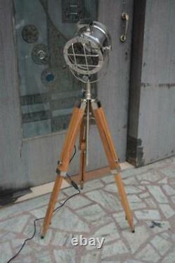 Vintage Spotlight Floor Lamp Searchlight Chrome With Wooden Tripod Home Decor