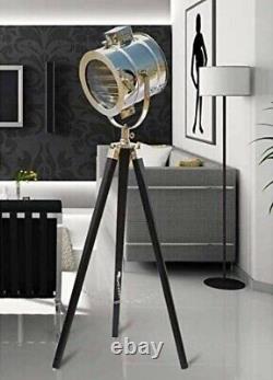 Vintage Spotlight Floor Lamp Searchlight Chrome With Wooden Tripod Home Decor