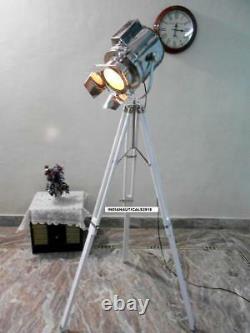 Vintage Spotlight Floor lamp W / White Wooden Tripod Stand Floor Search Light