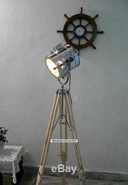 Vintage Spotlight Floor lamp Wooden Tripod Chrome Finish Spot Light Home Decor