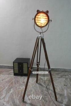 Vintage Spotlight Floor lamp with Brown Wooden Tripod Stand Floor Spot Light