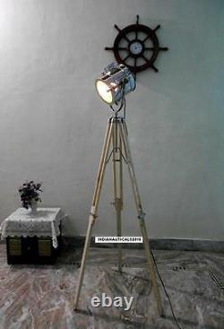 Vintage Spotlight Floor lamp with Wooden Tripod Chrome Finish Spot Light