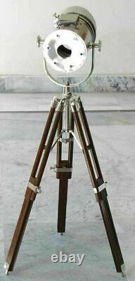 Vintage Spotlight Table Lamp Searchlight Chrome With Wooden Tripod Home Decor