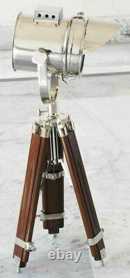 Vintage Spotlight Table Lamp Searchlight Chrome With Wooden Tripod Home Decor